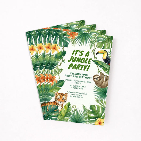 Personalised Jungle Birthday Invitations | Tropical Animal Kids Party Invite - Sticksy Prints Australia