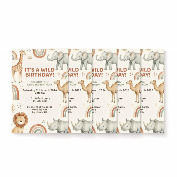 Personalised Safari Animal Birthday Invitations | Wild One Jungle Party Invite - Sticksy Prints Australia