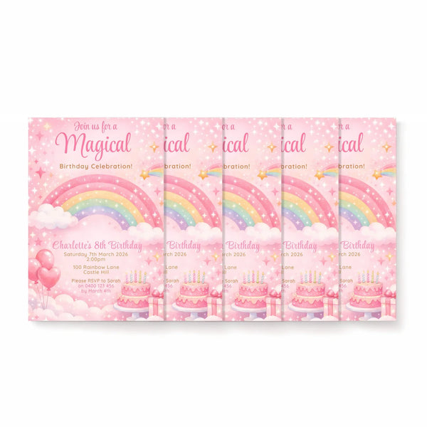 Personalised Rainbow Birthday Party Invitations Printed Magical Pink - Sticksy Prints Australia