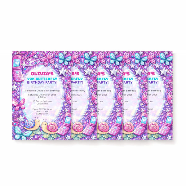 Y2K Butterfly Birthday Invitations | Retro Pink Purple Glam Kids Party Invite - Sticksy Prints Australia