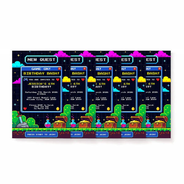 Pixel Game Birthday Invitation | Video Game Party Invite | Retro Gamer Theme - Sticksy Prints Australia