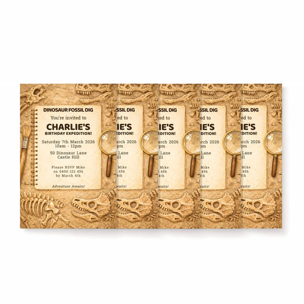 Personalised Dinosaur Fossil Dig Birthday Invitations Printed - Sticksy Prints Australia