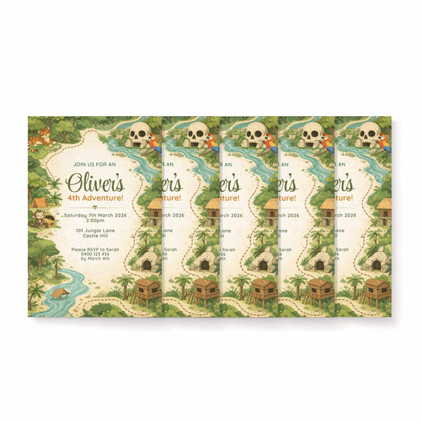 Personalised Jungle Adventure Birthday Invitations | Explorer Map Kids Party Invite - Sticksy Prints Australia