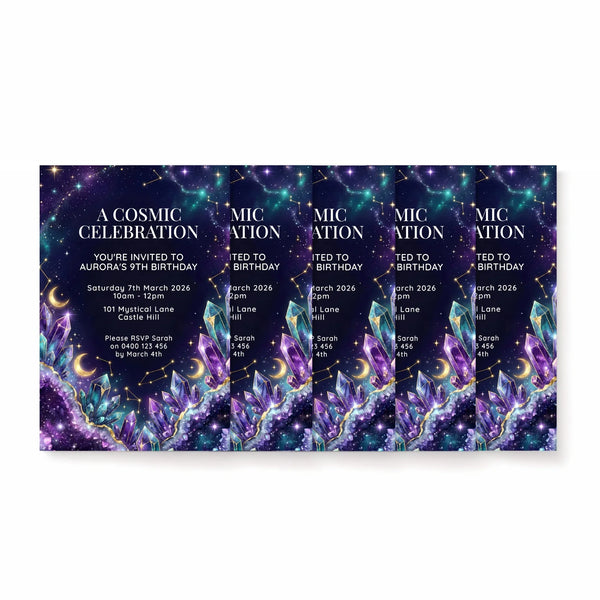 Personalised Cosmic Birthday Invitations | Galaxy Crystal Celestial Party Invite - Sticksy Prints Australia