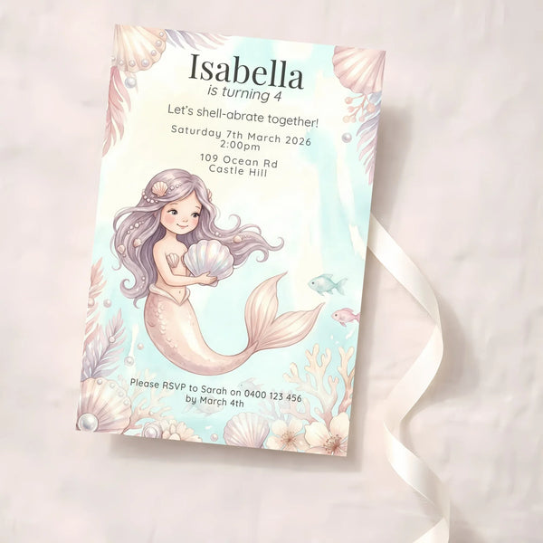 Personalised Mermaid Birthday Party Invitations Printed Kids Invite Under the Sea - Sticksy Prints Australia