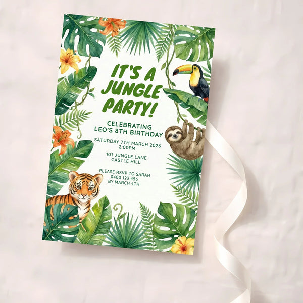 Personalised Jungle Birthday Invitations | Tropical Animal Kids Party Invite - Sticksy Prints Australia