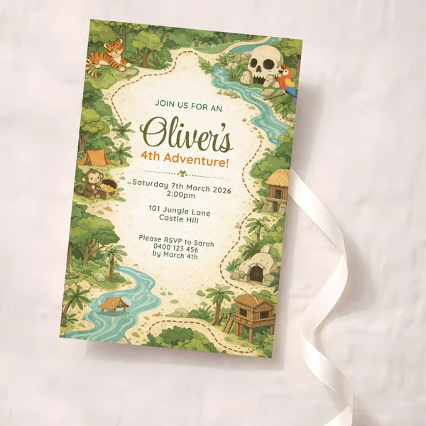 Personalised Jungle Adventure Birthday Invitations | Explorer Map Kids Party Invite - Sticksy Prints Australia