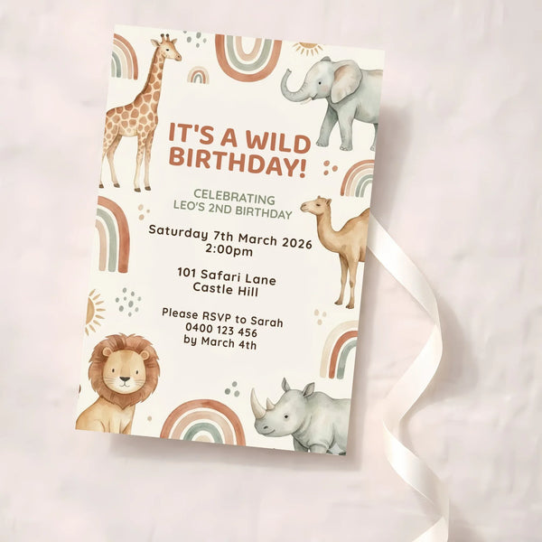 Personalised Safari Animal Birthday Invitations | Wild One Jungle Party Invite - Sticksy Prints Australia