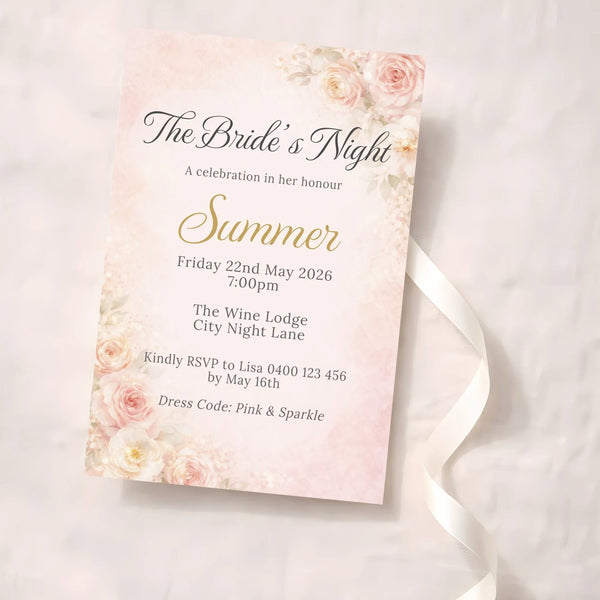 Personalised Hens Party Invitation | Romantic Floral Blush & Gold | Printed 4×6 Invite - Sticksy Prints Australia