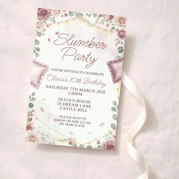Personalised Slumber Party Birthday Invitations – Elegant Sleepover Theme - Sticksy Prints Australia