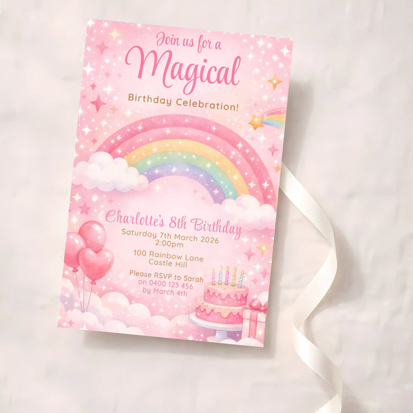 Personalised Rainbow Birthday Party Invitations Printed Magical Pink - Sticksy Prints Australia