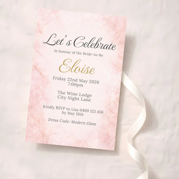 Personalised Hens Party Invitation | Blush Marble Modern Glam | Printed 4×6 Invite - Sticksy Prints Australia