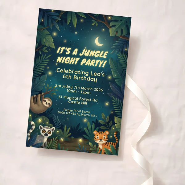 Personalised Jungle Night Birthday Invitations – Magical Forest Party Theme - Sticksy Prints Australia