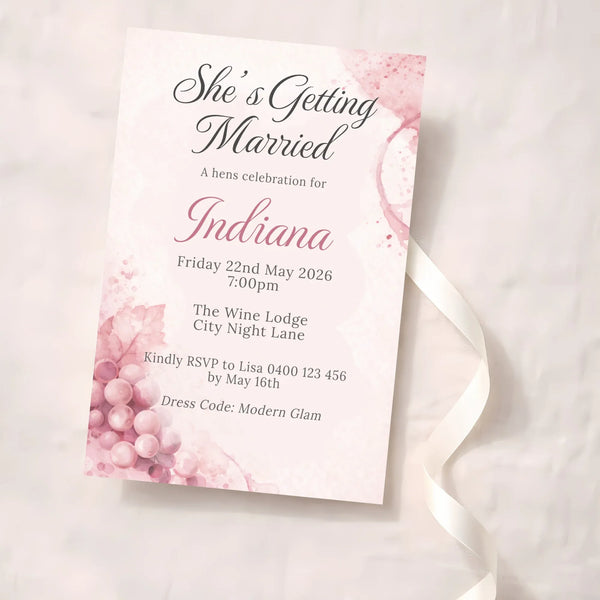 Personalised Hens Party Invitation | Wine Inspired Modern Glam Blush & Gold | Printed 4×6 Invite - Sticksy Prints Australia