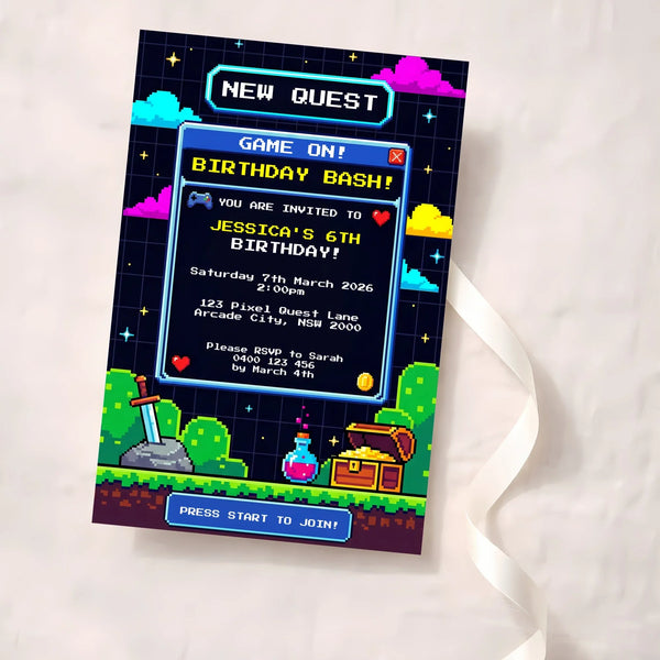 Pixel Game Birthday Invitation | Video Game Party Invite | Retro Gamer Theme - Sticksy Prints Australia