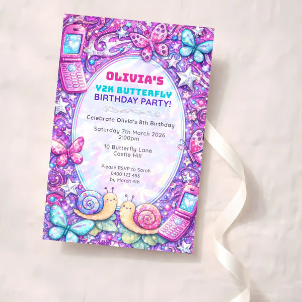 Y2K Butterfly Birthday Invitations | Retro Pink Purple Glam Kids Party Invite - Sticksy Prints Australia