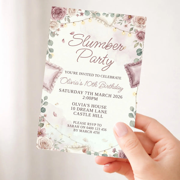 Personalised Slumber Party Birthday Invitations – Elegant Sleepover Theme - Sticksy Prints Australia