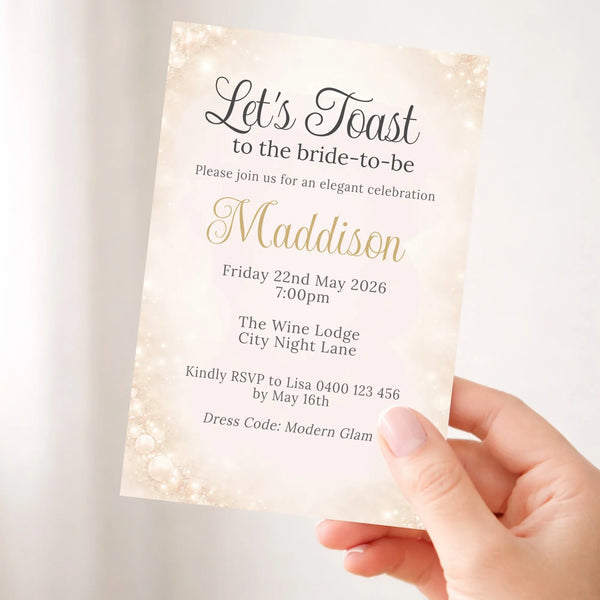 Personalised Hens Party Invitation | Champagne Toast Elegant Glam | Printed 4×6 Invite - Sticksy Prints Australia