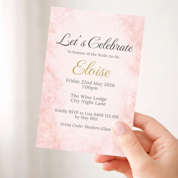 Personalised Hens Party Invitation | Blush Marble Modern Glam | Printed 4×6 Invite - Sticksy Prints Australia