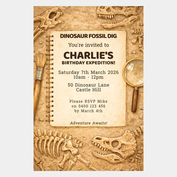 Personalised Dinosaur Fossil Dig Birthday Invitations Printed - Sticksy Prints Australia
