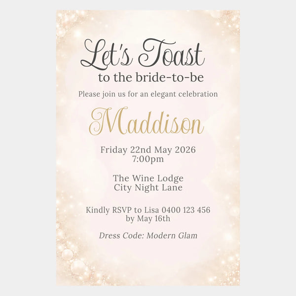 Personalised Hens Party Invitation | Champagne Toast Elegant Glam | Printed 4×6 Invite - Sticksy Prints Australia