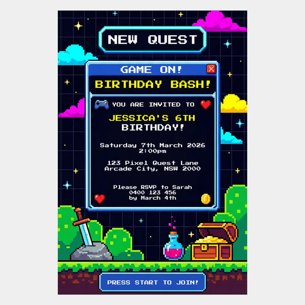 Pixel Game Birthday Invitation | Video Game Party Invite | Retro Gamer Theme - Sticksy Prints Australia
