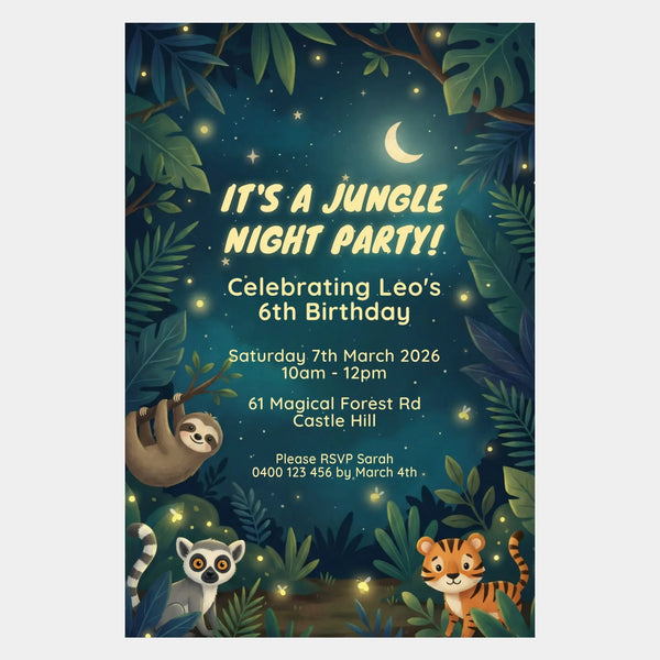 Personalised Jungle Night Birthday Invitations – Magical Forest Party Theme - Sticksy Prints Australia