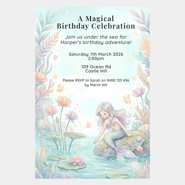Personalised Mermaid Birthday Party Invitations Printed Under the Sea Kids Invite - Sticksy Prints Australia