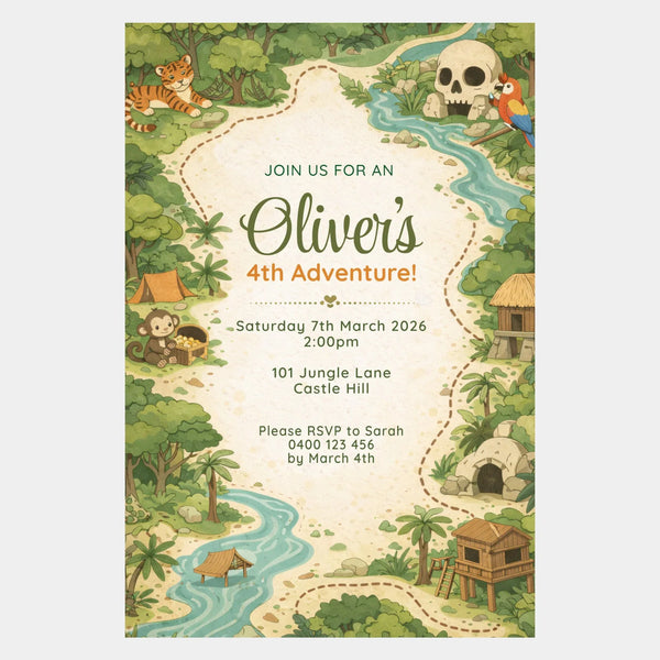 Personalised Jungle Adventure Birthday Invitations | Explorer Map Kids Party Invite - Sticksy Prints Australia