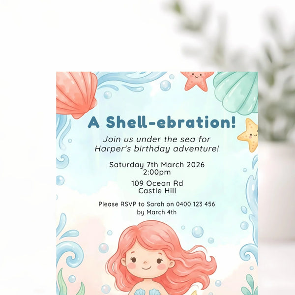 Personalised Mermaid Birthday Party Invitations Printed Cute Under the Sea - Sticksy Prints Australia