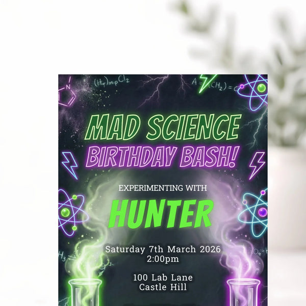 Personalised Mad Science Birthday Party Invitations Printed - Sticksy Prints Australia