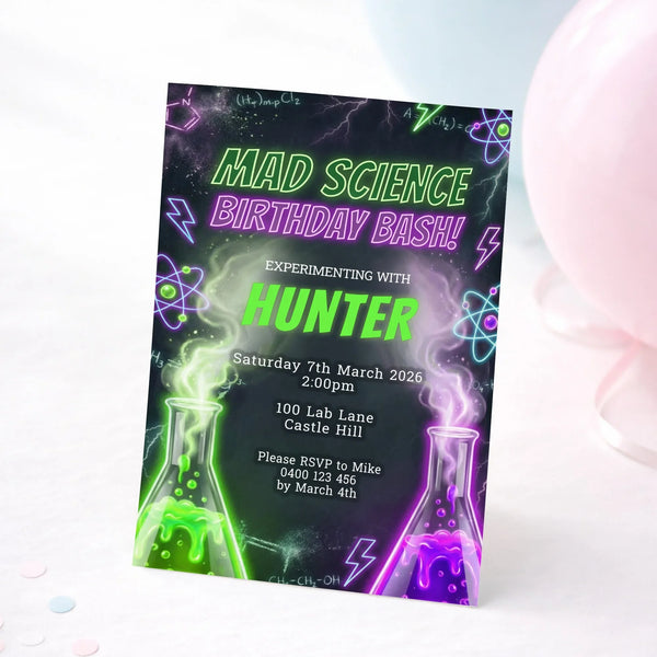 Personalised Mad Science Birthday Party Invitations Printed - Sticksy Prints Australia