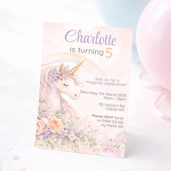 Boho Unicorn Birthday Invitations | Personalised Pastel Party Invites - Sticksy Prints Australia