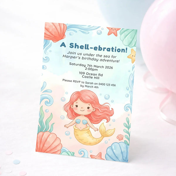 Personalised Mermaid Birthday Party Invitations Printed Cute Under the Sea - Sticksy Prints Australia