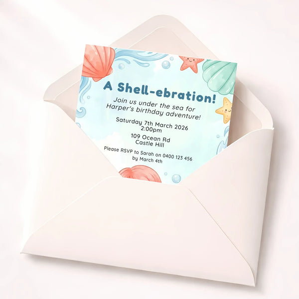 Personalised Mermaid Birthday Party Invitations Printed Cute Under the Sea - Sticksy Prints Australia
