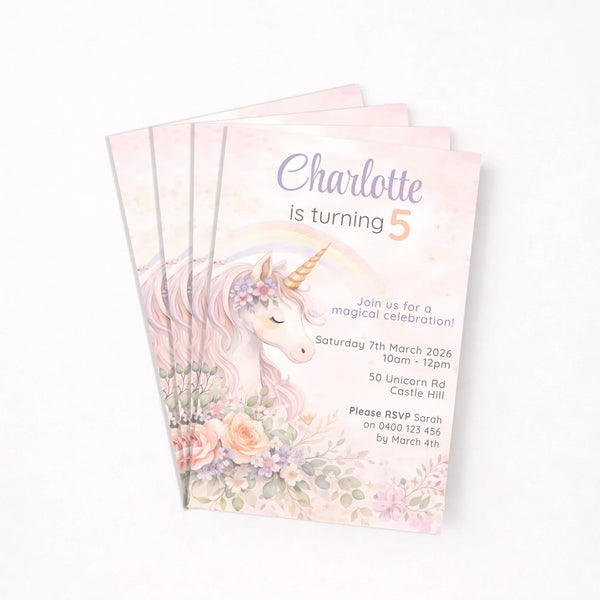 Boho Unicorn Birthday Invitations | Personalised Pastel Party Invites - Sticksy Prints Australia