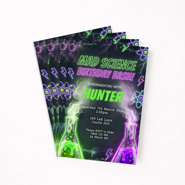 Personalised Mad Science Birthday Party Invitations Printed - Sticksy Prints Australia
