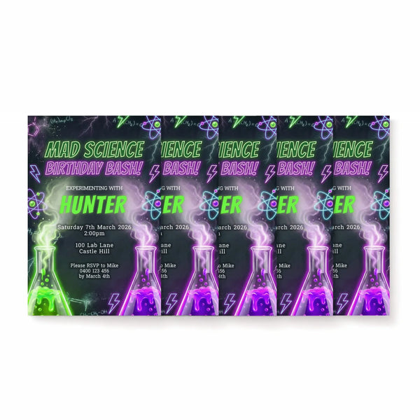 Personalised Mad Science Birthday Party Invitations Printed - Sticksy Prints Australia