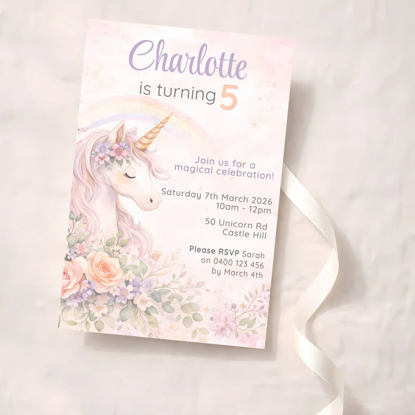 Boho Unicorn Birthday Invitations | Personalised Pastel Party Invites - Sticksy Prints Australia