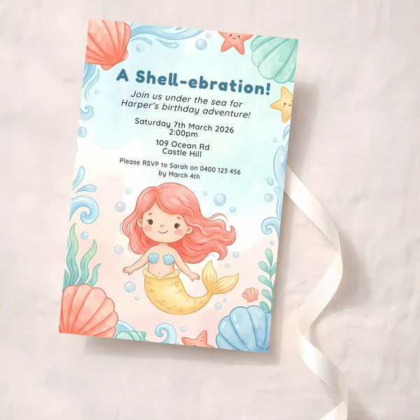 Personalised Mermaid Birthday Party Invitations Printed Cute Under the Sea - Sticksy Prints Australia