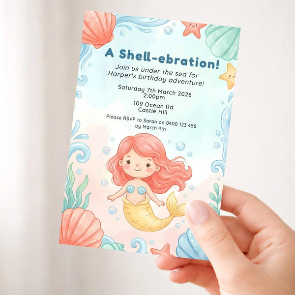 Personalised Mermaid Birthday Party Invitations Printed Cute Under the Sea - Sticksy Prints Australia