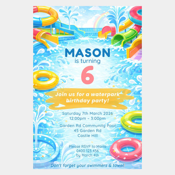 Waterpark Birthday Invitations | Personalised Pool Party Invites - Sticksy Prints Australia