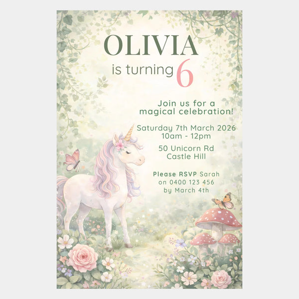 Woodland Unicorn Birthday Invitations | Personalised Enchanted Party Invites - Sticksy Prints Australia