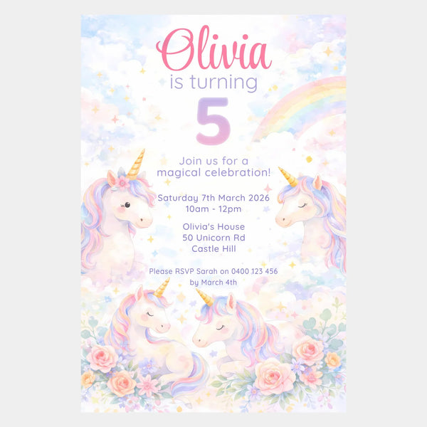 Personalised Unicorn Birthday Invitations | Magical Rainbow Party Invites - Sticksy Prints Australia