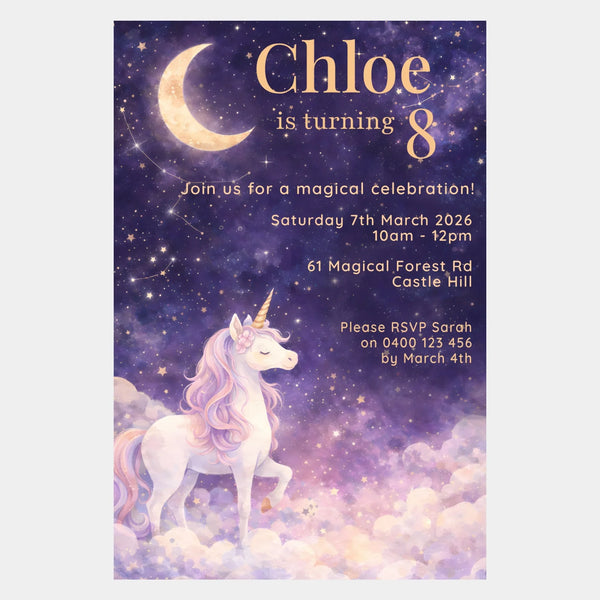 Celestial Unicorn Birthday Invitations | Personalised Magical Party Invites - Sticksy Prints Australia