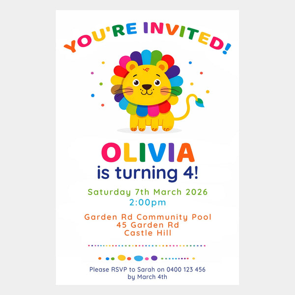 Rainbow Lion Birthday Invitations | Personalised Kids Party Invites | 4×6 Printed - Sticksy Prints Australia