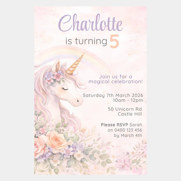Boho Unicorn Birthday Invitations | Personalised Pastel Party Invites - Sticksy Prints Australia