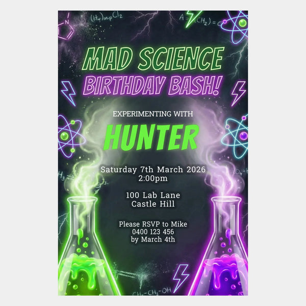 Personalised Mad Science Birthday Party Invitations Printed - Sticksy Prints Australia