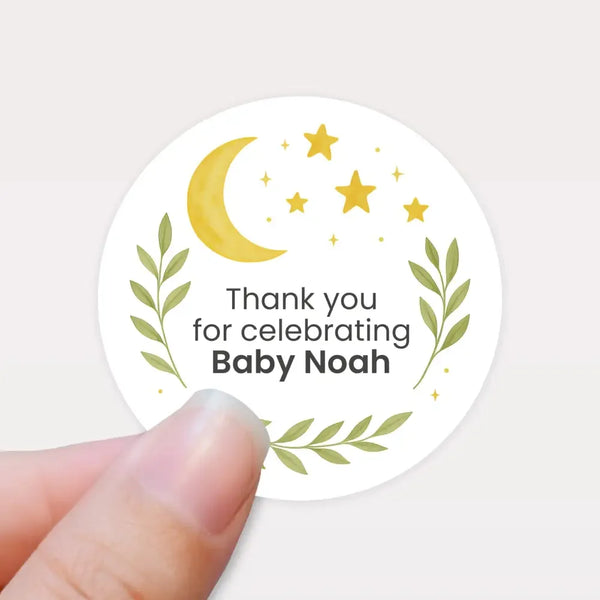Moon & Stars Baby Shower Thank You Stickers – Personalised Celestial Favour Labels - Sticksy Prints Australia