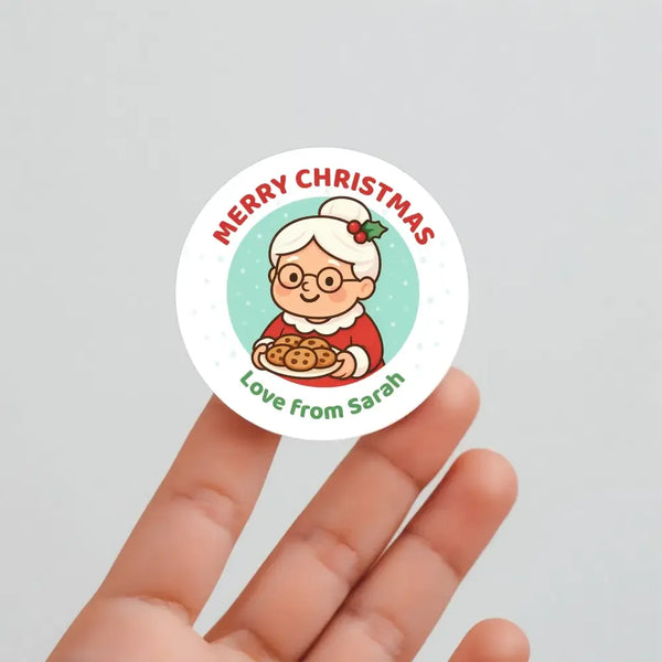 Mrs Claus Christmas Stickers – Personalised Name Label - Sticksy Prints Australia